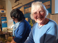 A fleet of colourful sailing boats made by children under the instruction of Margaret Taylor-Hill.